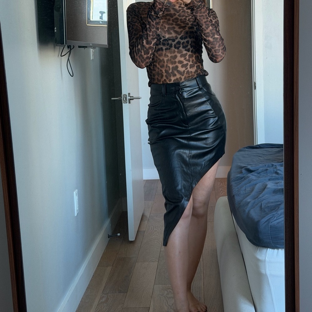 Black faux leather midi skirt